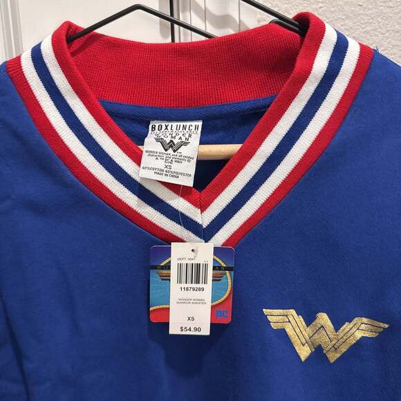 BoxLunch Wonder Woman Pullover Long Sleeve V Neck Warrior Sweater Blue Sz xs - Picture 2 of 2